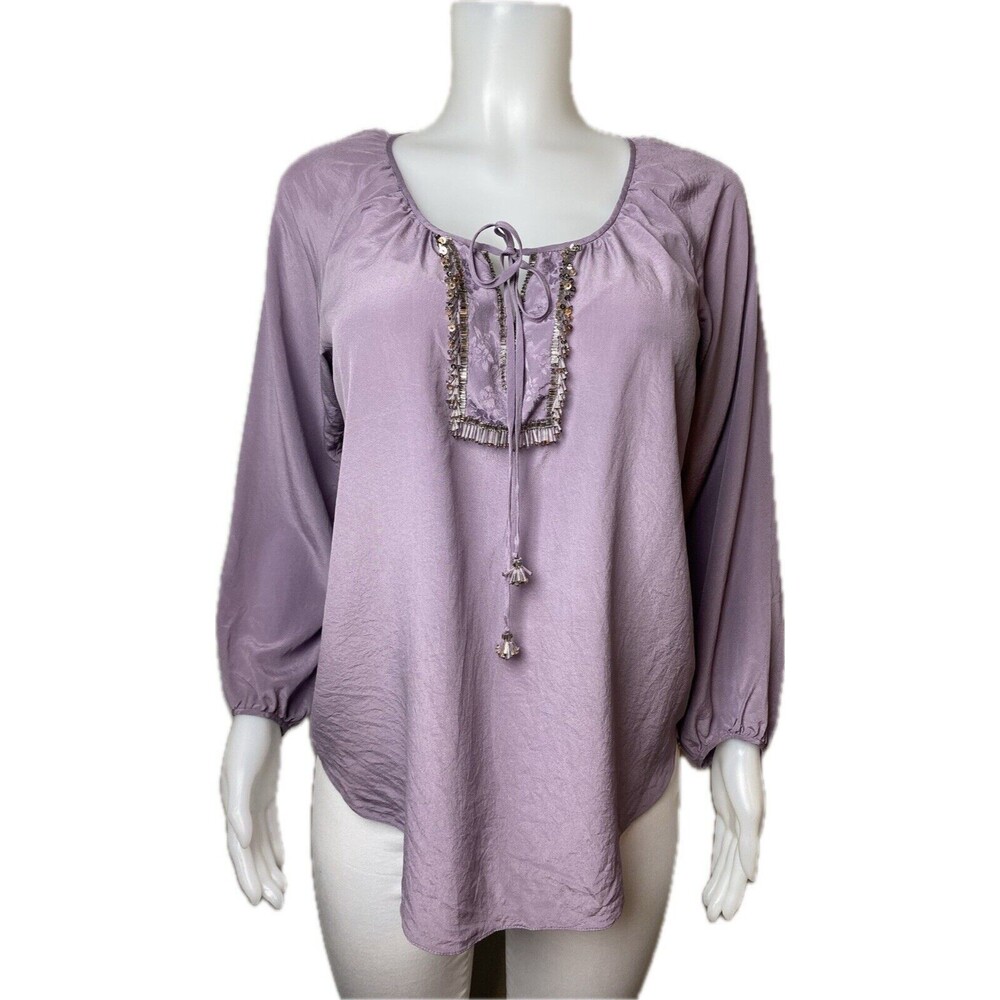 F. Rebecca Taylor Silk Top Size 10 Embellished Blouse Long Sleeve Round Neck